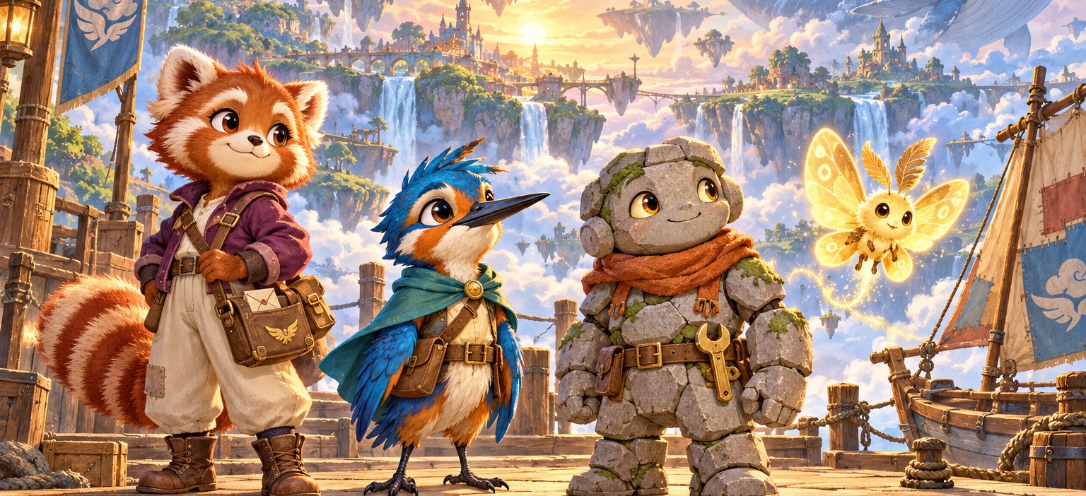 Nori the red panda, Tavi the kingfisher, Brindle the stone golem and Flicker the glowing moth on a sky dock