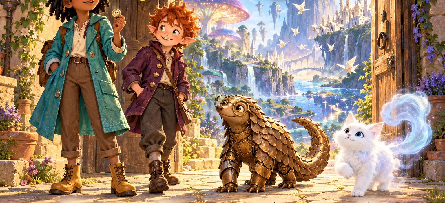 Mira, Joss the elf, Tock the clockwork pangolin and Flit the cloud-cat at an old door opening onto a paper city
