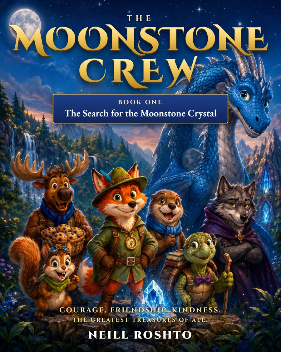 Cover of The Moonstone Crew, Book One, The Search for the Moonstone Crystal by Neill Roshto: a fox, moose, otter, turtle, squirrel and wolf stand before a blue dragon under the moon