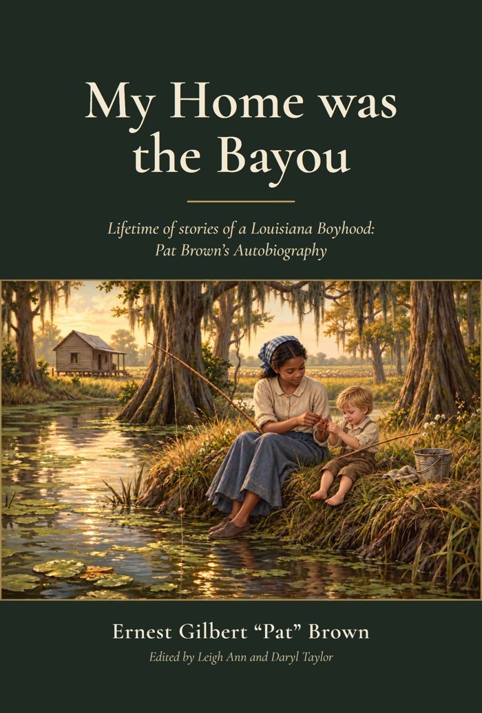 Cover of My Home was the Bayou by Pat Brown: a woman and a small boy fishing on a Louisiana bayou at sunset