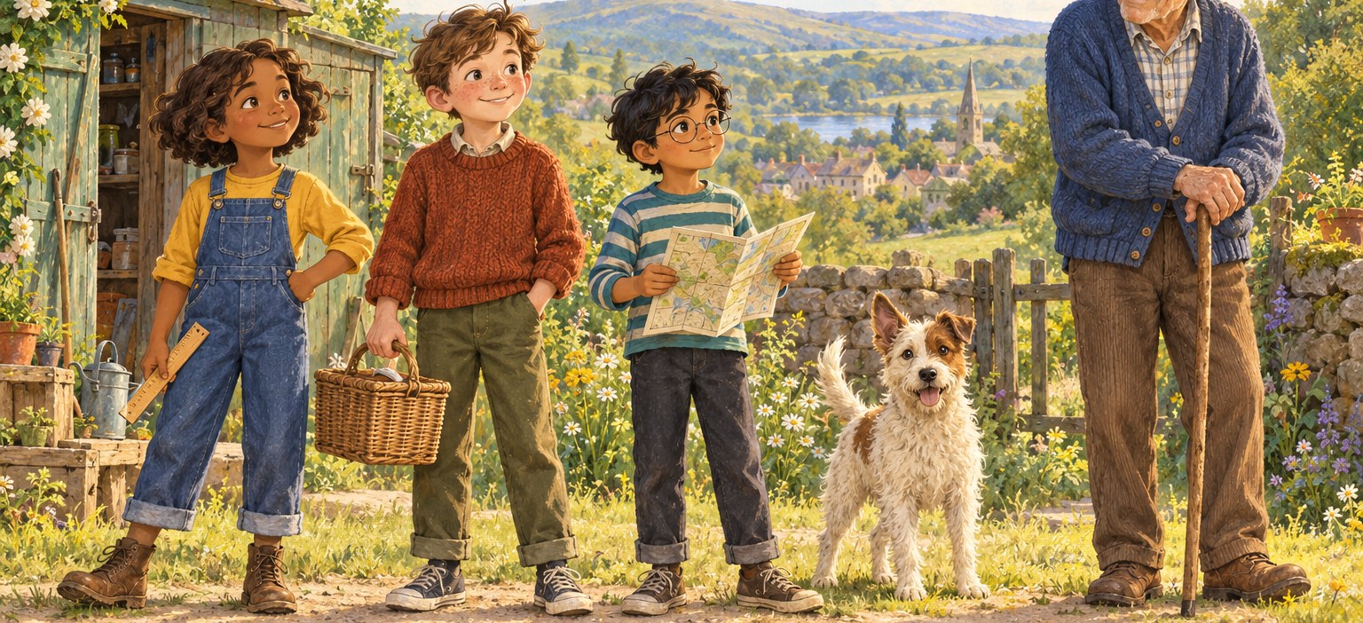 Ada, Gus, Nico, Crumb the dog and Mr. Ellis in a painted country garden