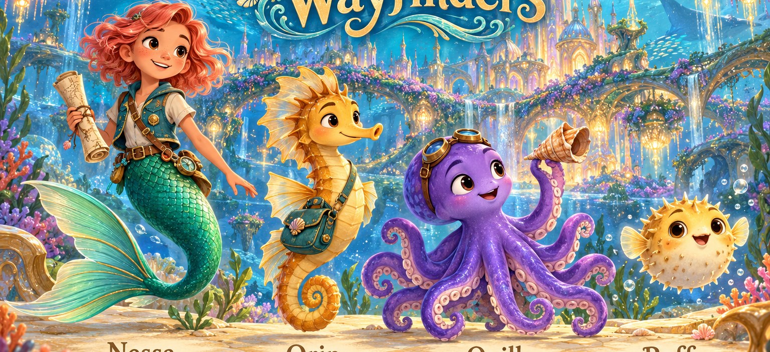 Nessa the merchild, Orin the seahorse, Quill the octopus and Puff the pufferfish in a glowing coral city